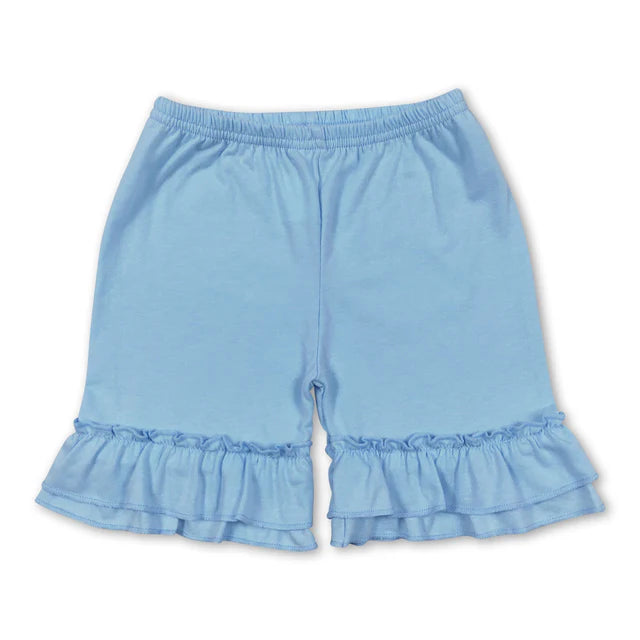RTS NO MOQ milk silk GT0365+SS0183 Baby Girls Dr Reading Short Sleeve Blue Tee Shirts Double Ruffle Shorts Set