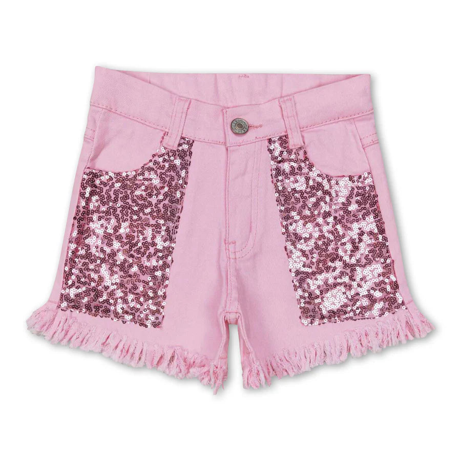 RTS NO MOQ milk silk GT0539+SS0230 Baby Girls Pink Bleached Eras Short Sleeve Tee Shirts Tops Pink Sequin Denim Shorts Set