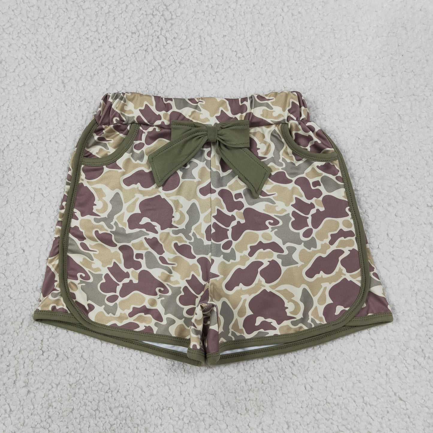 RTS NO MOQ Sibling milk silk Baby Girls Camo Bow Pocket Shorts Bottoms Daily Wear Bottoms
