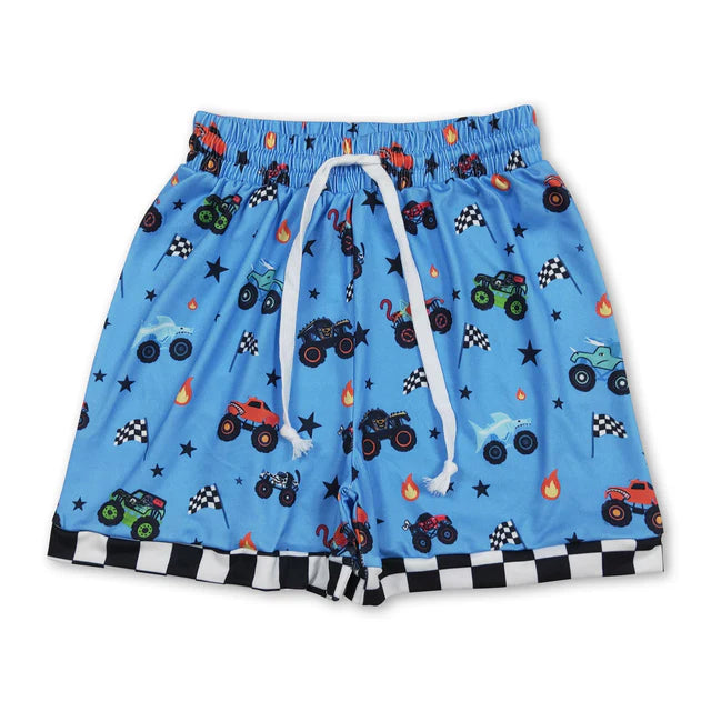 RTS NO MOQ milk silk D6-2+SS0736 boys short sleeve Blue Motors Cars Flags 4th of July Shorts Set