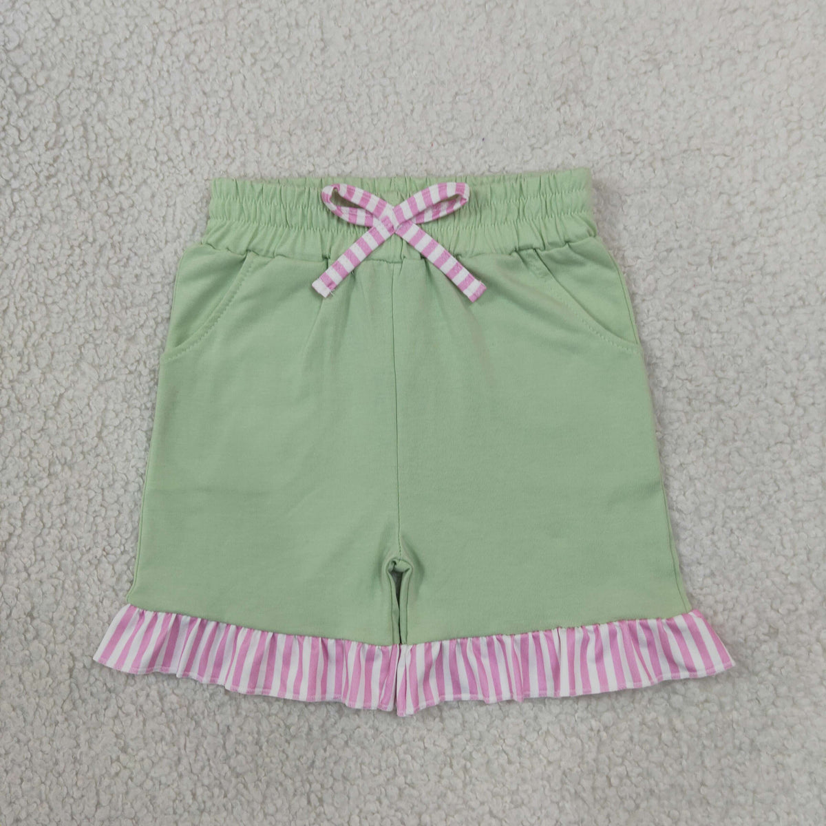 NEW RTS NO MOQ milk silk SS1000 Baby Girls Green Light Pink Stripe Bow Pockets Casual Shorts Bottom