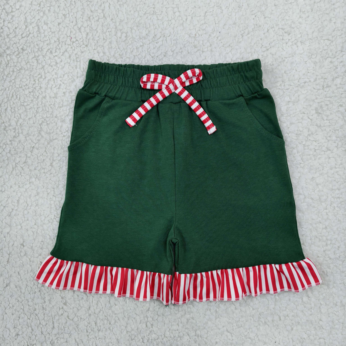 NEW RTS NO MOQ milk silk SS1002 Baby Girls Green Red Stripe Bow Pockets Casual Shorts Bottom
