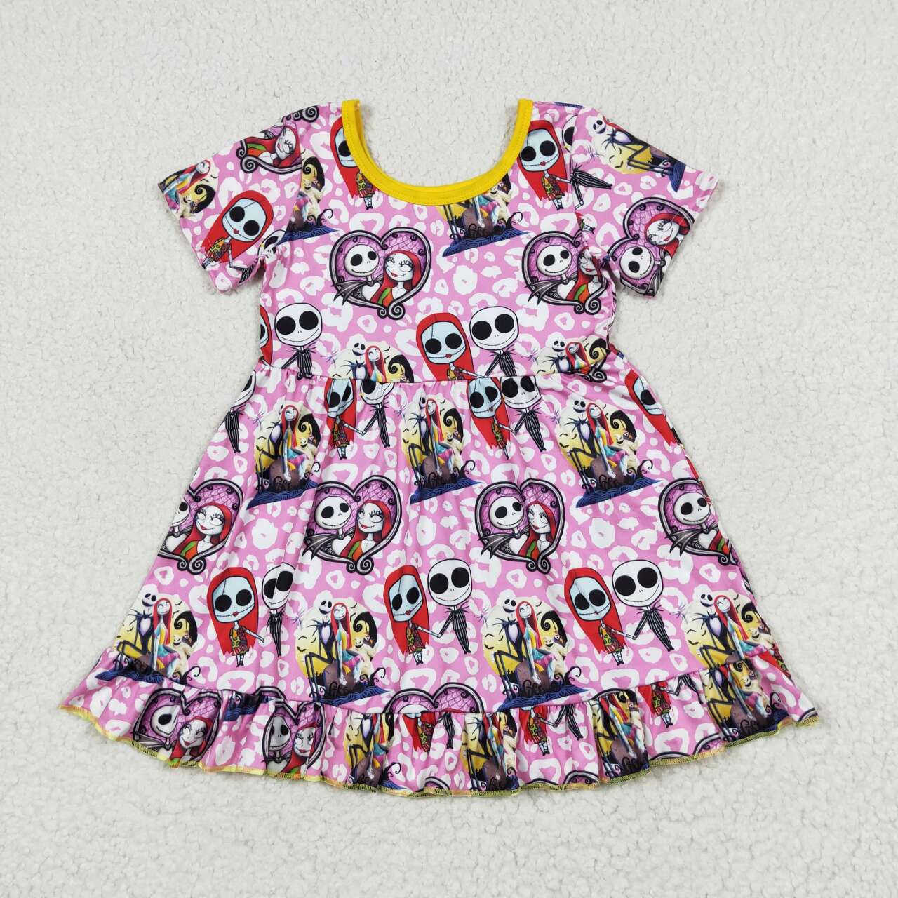 RTS NO MOQ(In Stock) GSD1317 Nightmare Before Christmas leopard print pink short-sleeved dress