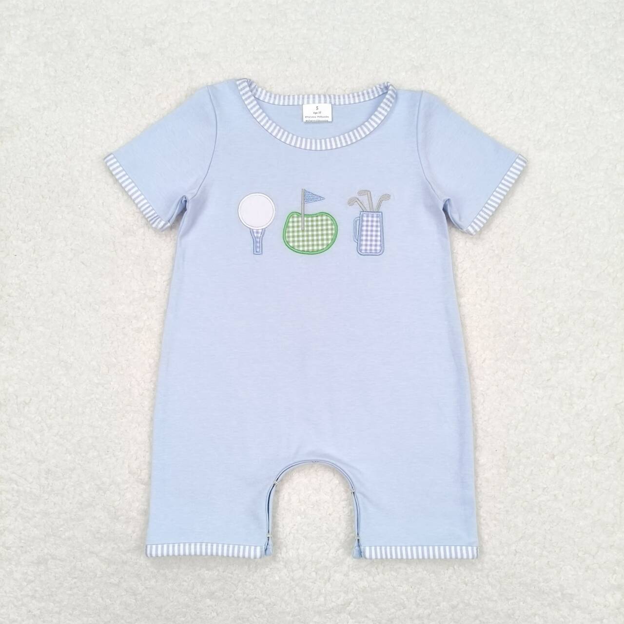 RTS NO MOQ(In Stock) Embroidered golf flag blue striped short-sleeved romper