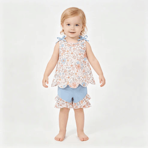RTS NO MOQ Sibling Baby Girls Colorful Flowers Scallop Tunic Ruffle Shorts Outfit Set Cute Baby Girl Clothing Set
