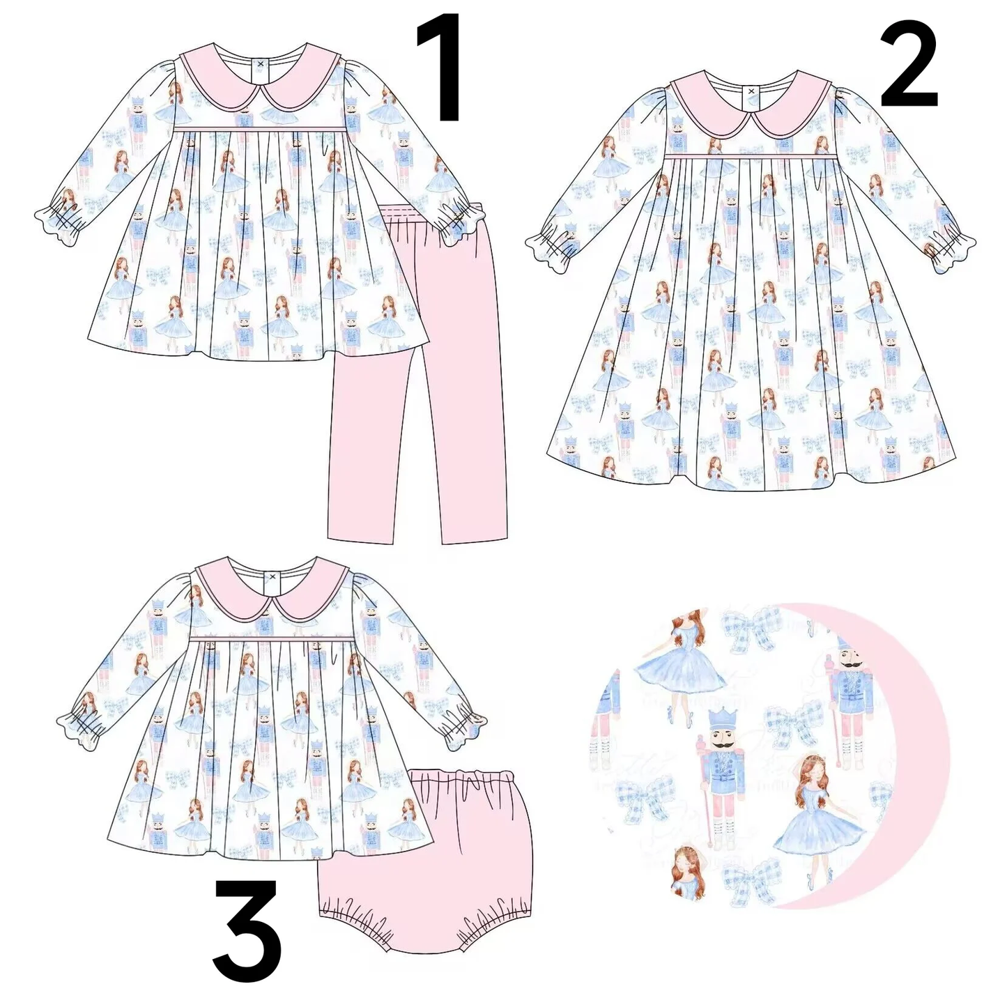 Custom moq 3 MIX SIZE eta 7/8week moq 5 eta /4/5week Blue Plaid Bow & Ballerina Print Long Sleeve Doll Collar Mixed Set