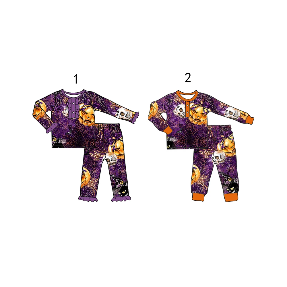 Custom moq 3 each mix size eta 6-8weeks Boys Girls Purple Spider Web Horror Pumpkin Head Long Sleeve Suit