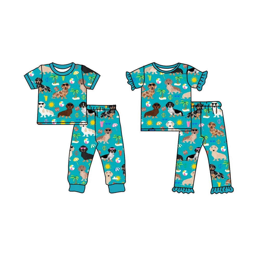 Custom moq 3 each mix size eta 6-8weeks Boys and girls lake green sunglasses puppy coconut tree short sleeve trousers suit