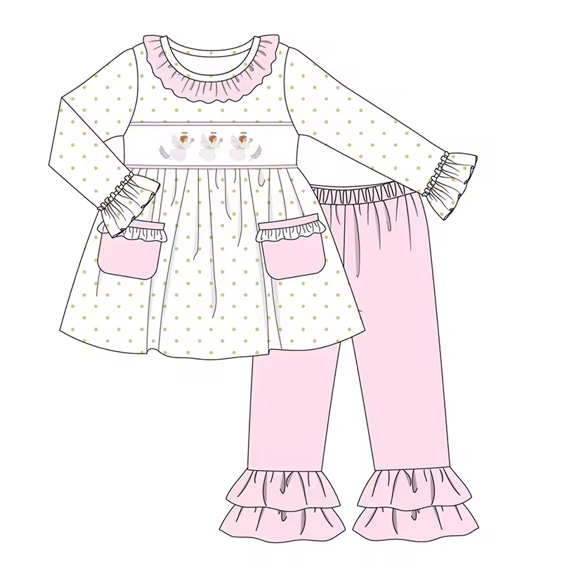 Custom moq 5 eta 6-8weeks Long Sleeve White Polka Dot Ruffle Pocket Suit
