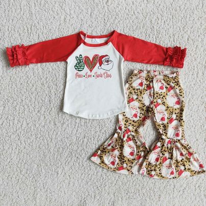 RTS NO MOQ(In Stock ) Santa Claus love gesture red long-sleeved leopard print bell bottoms suit