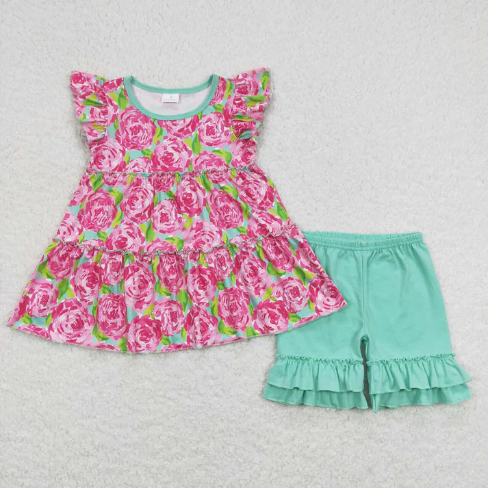 RTS Baby Girls Navy Flowers Tunic Shorts Summer Clothes Sets