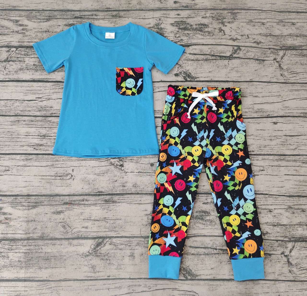 Star Lightning Smile Blue Black Short Sleeve Trousers Suit