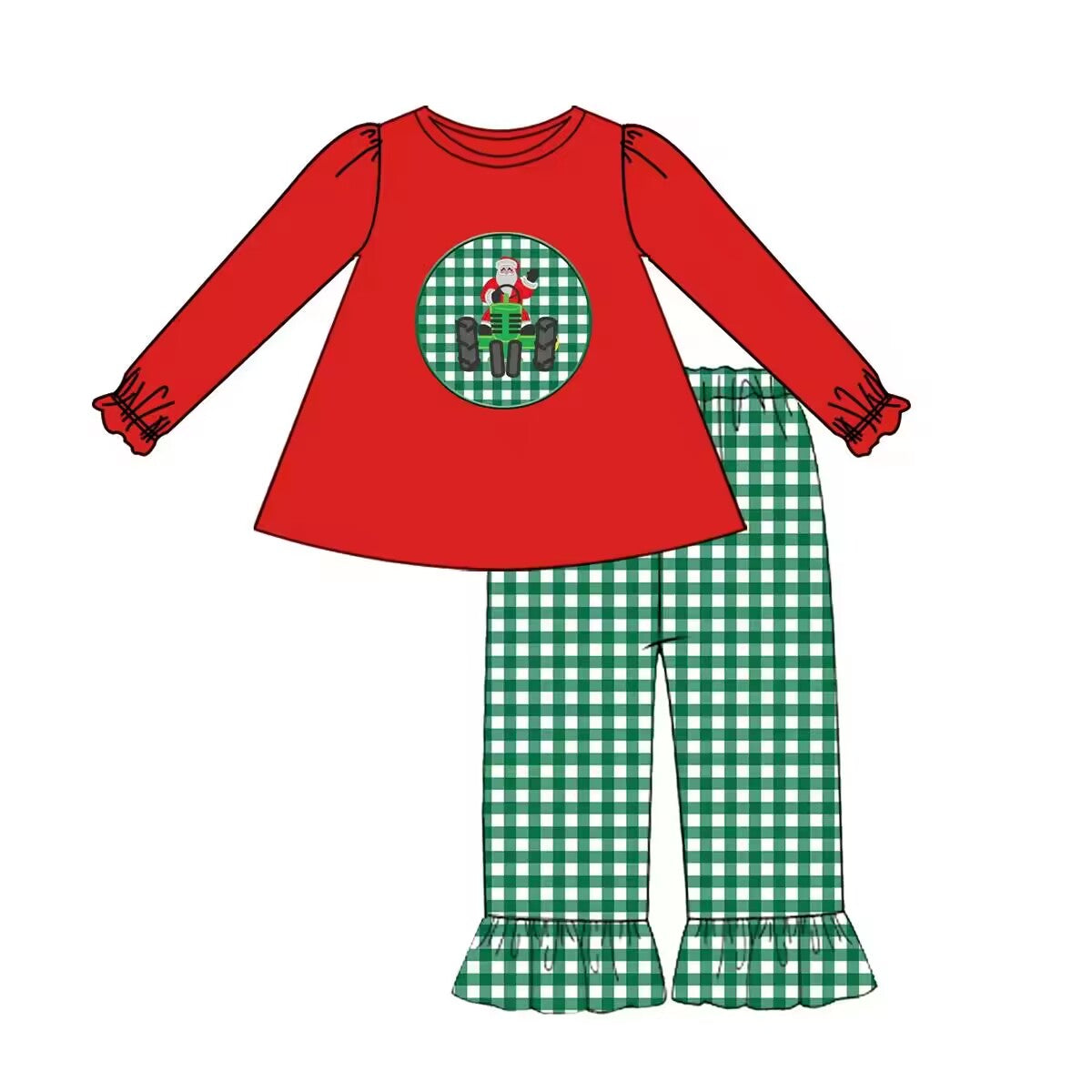 Custom moq 3 eta 6-8weeks Red Santa Claus Loose Top - Green Plaid Pants Lace Cuffs Long Set
