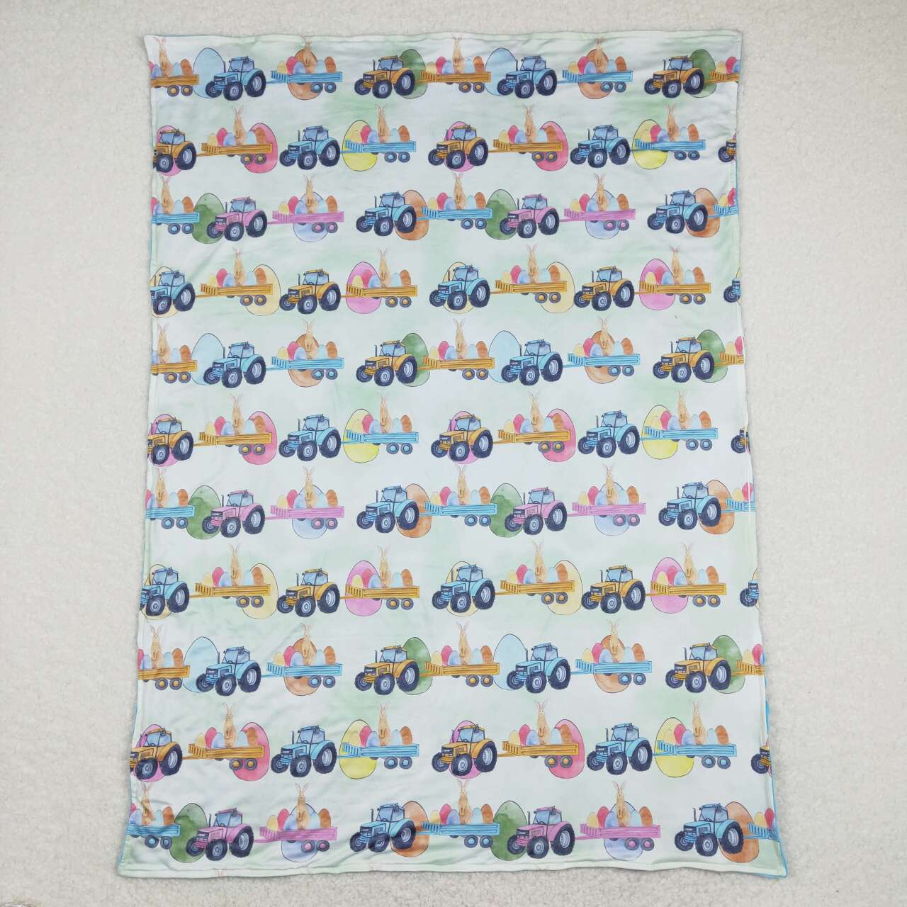 RTS NO MOQ(In Stock) Easter Egg Bunny Tractor Teal Baby Blanket