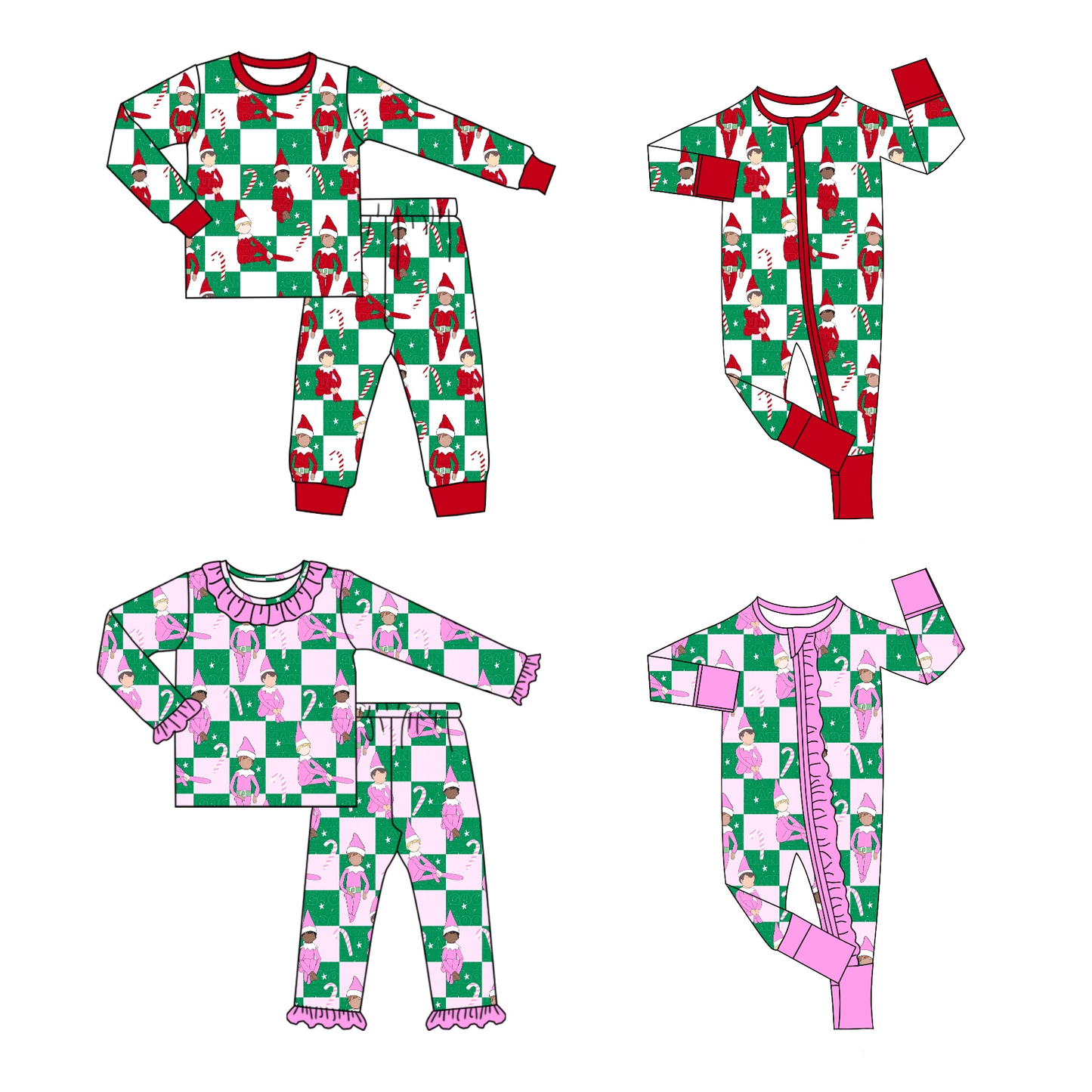 Custom moq 3 mix size eta 6-8weeks Christmas Elf Plaid Long Sleeve Trousers Set Climbing Suit