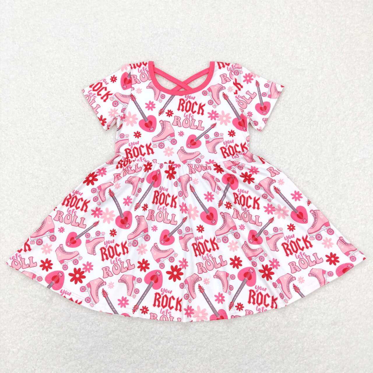 GSD0624 rock roll guitar roller skates pink and white short-sleeved dress
