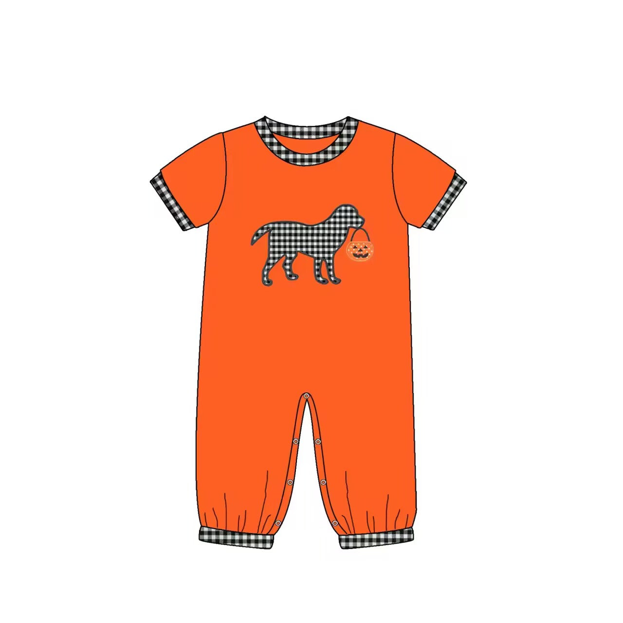 Custom moq 3 eta 6-8 weeks Black and white plaid puppy orange short-sleeved romper