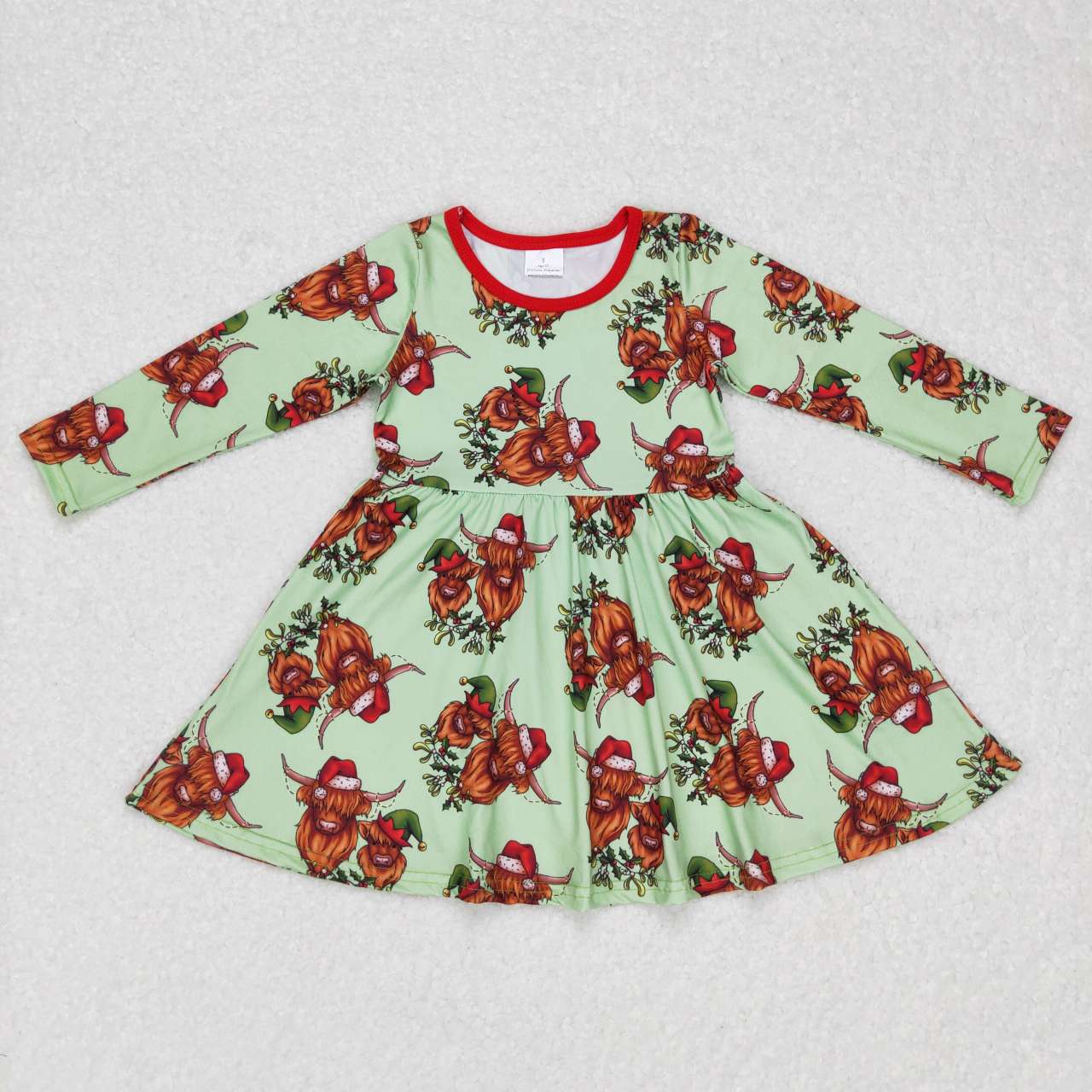 GLD0387 Santa Hat Alpine Cow Head Green Long Sleeve Dress