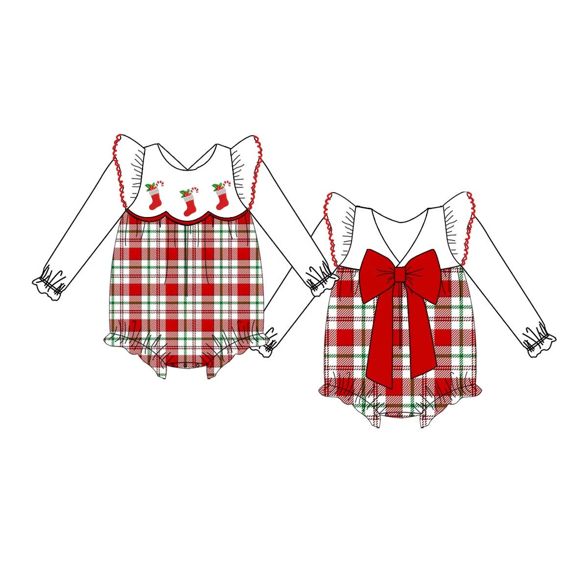 Custom moq 3 eta 6-8weeks Ruffled shoulder red plaid back big bow short romper