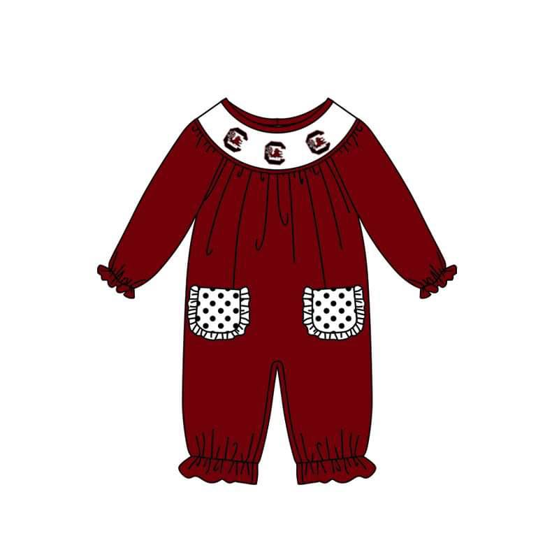 Custom moq 5 eta 6-8weeks Maroon long sleeve romper with pockets for girls