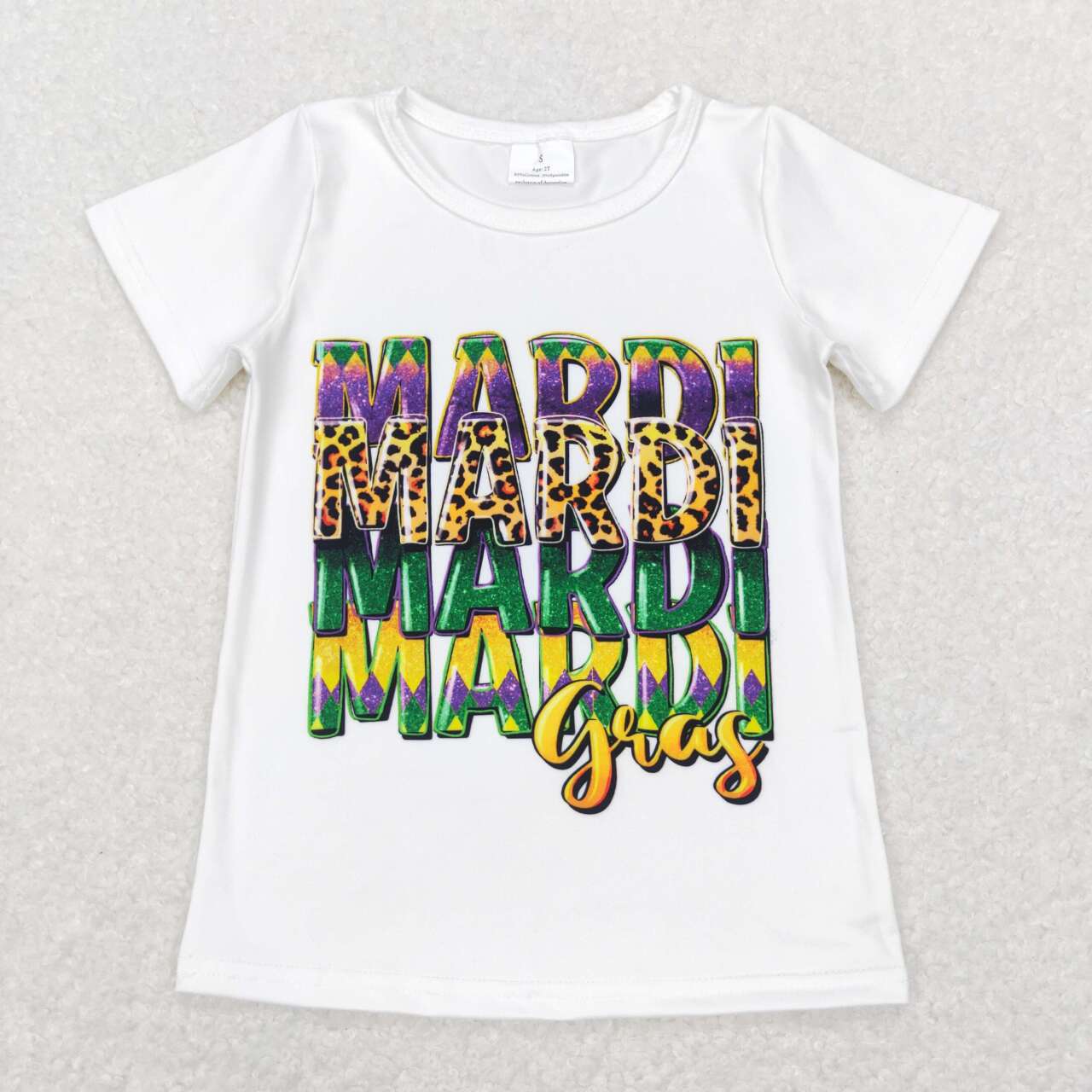 RTS NO MOQ(In Stock) GT0442 mardi gras letter white short sleeve top