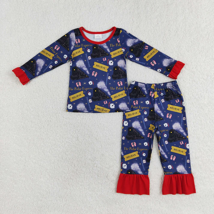 RTS NO MOQ Girls Boys Christmas Train Tee Shirt Pants Pajamas Sets