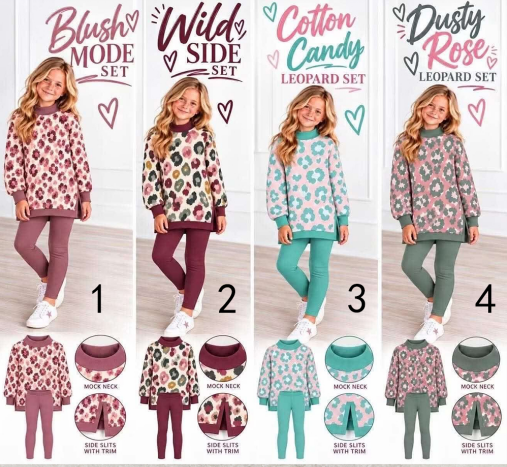 custom moq 5 mix size yoga fabric mmer01 Baby Girls Leopard Print Casual Long Sleeve Tunic Top Leggings Outfit