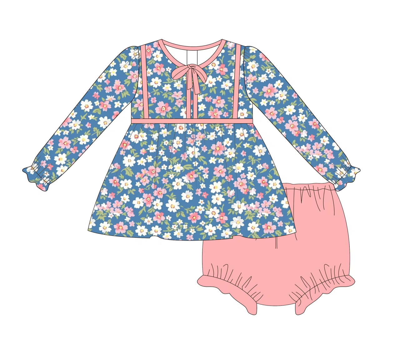 Custom moq 3 mix size eta 6-8weeks Small floral bow lake blue mixed suit