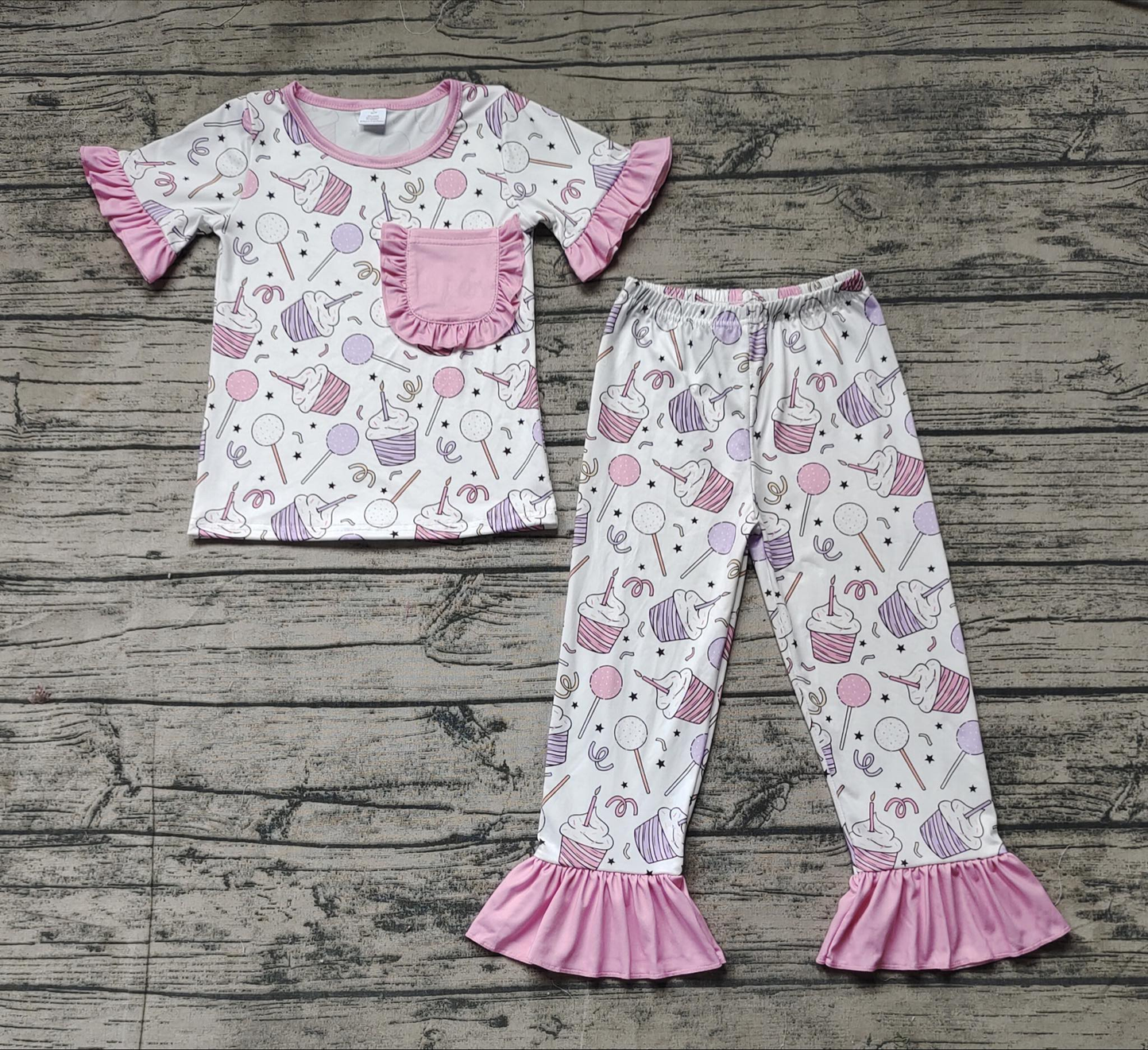 NO MOQ Pink Birthday Girl Pajamas Short Sleeve Long Pants Set