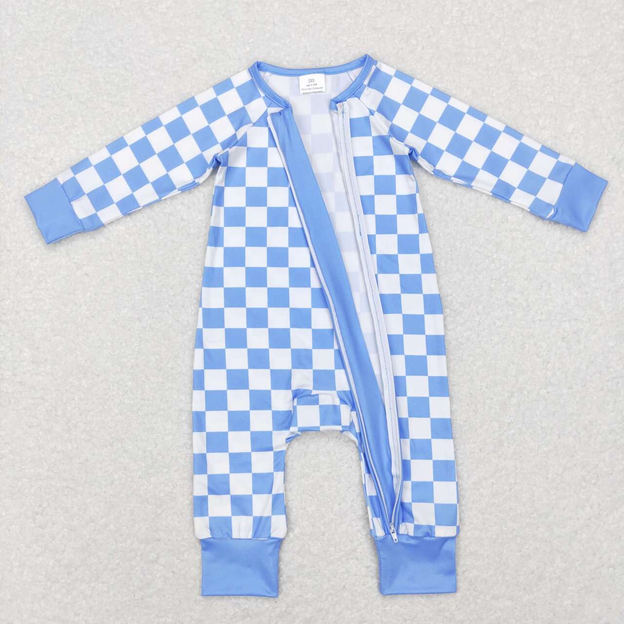 RTS NO MOQ(In Stock) LR0811 Blue and white plaid zippered long-sleeved jumpsuit