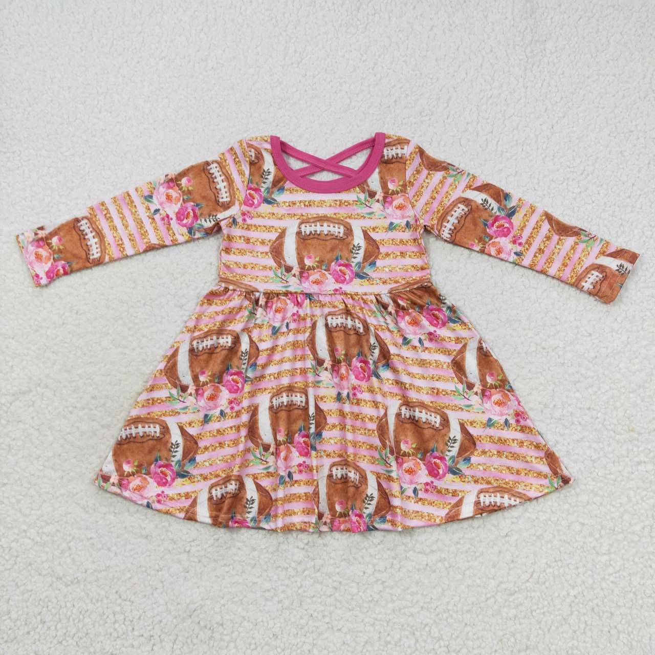 RTS NO MOQ(In Stock ) Rugby floral pink long sleeve dress