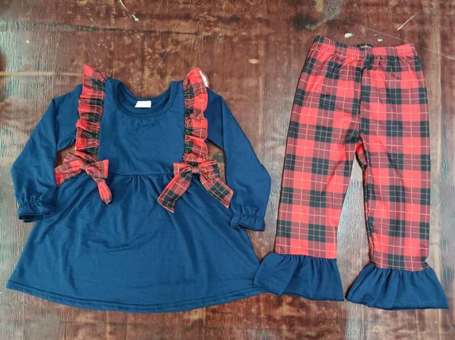 Custom moq 3 eta 6-7weeks Long-sleeved blue pleated bow top-red plaid lace suit