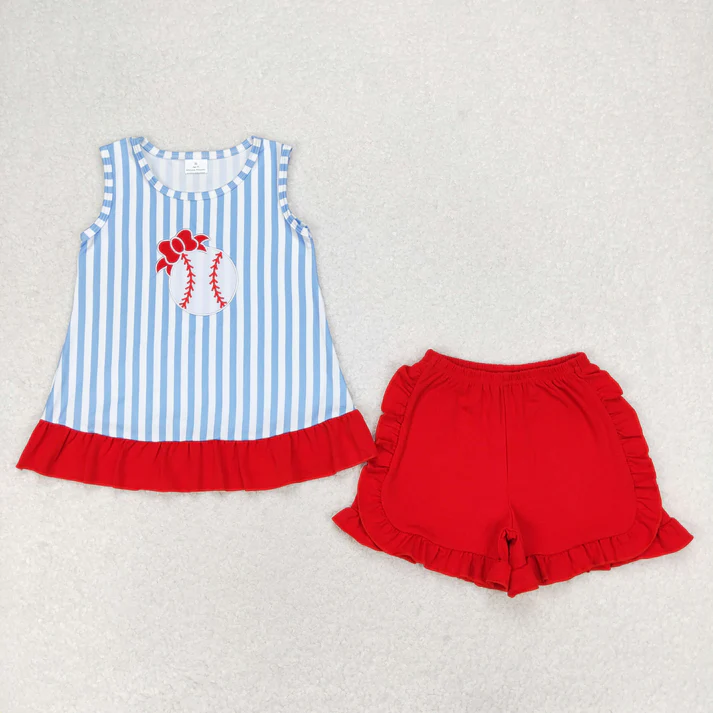 RTS NO MOQ Baby Girls Blue Stripes Baseball Sibling Summer Rompers Clothes Sets embriobery style