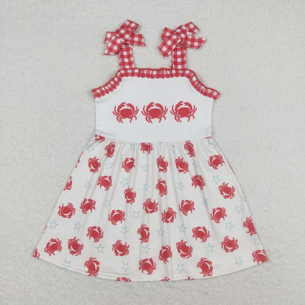RTS NO MOQ(In Stock) Crab star red and white plaid lace beige suspender dress