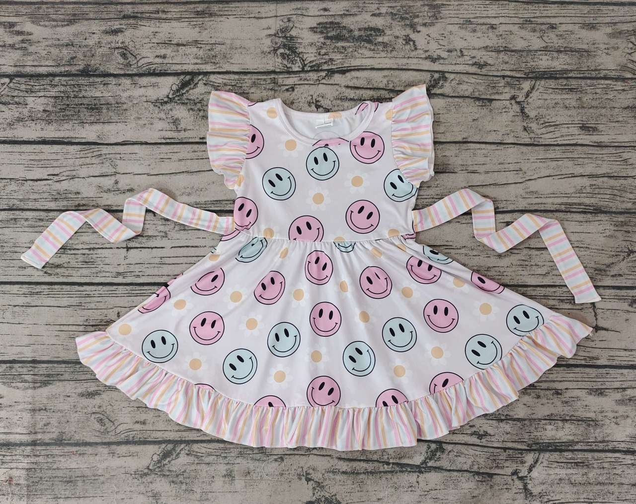 Smiley Flower Stripe Belt Flying Sleeve Dress