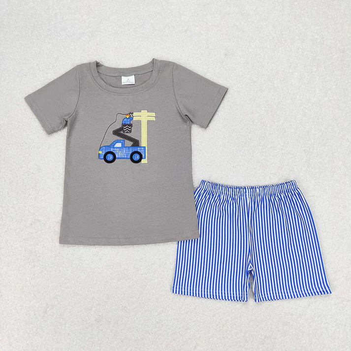 RTS NO MOQ Baby Boys Construction Line Man Sibling Rompers Clothes Sets Boys Embroidery