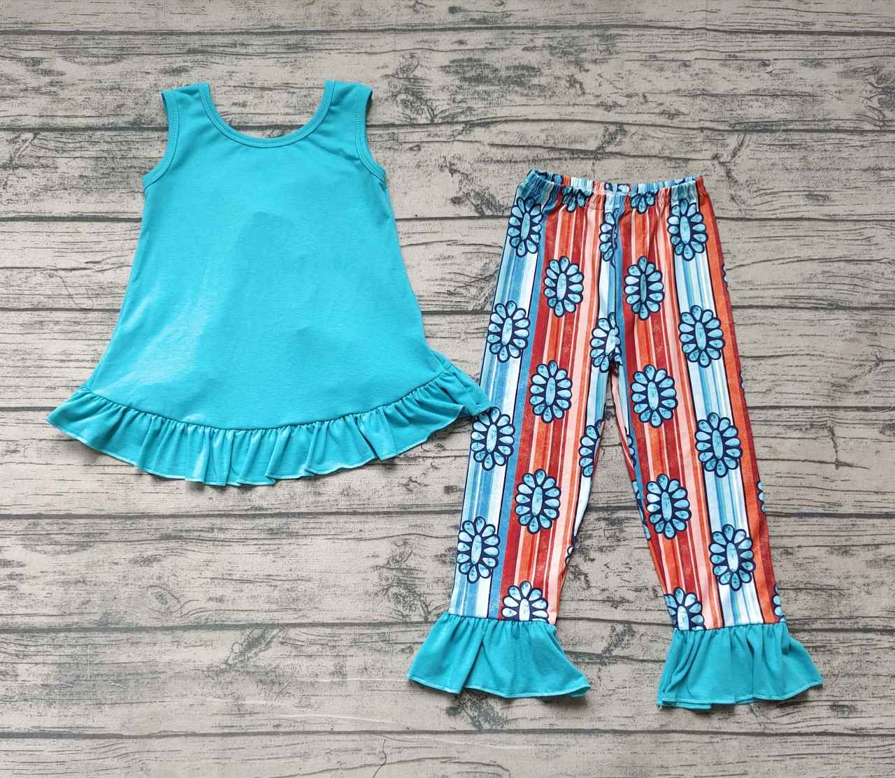 Bow Sleeveless Top Gem Print Orange and Green Stripe Trouser Set