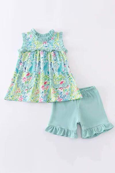 Girls green floral sleeveless top with shorts