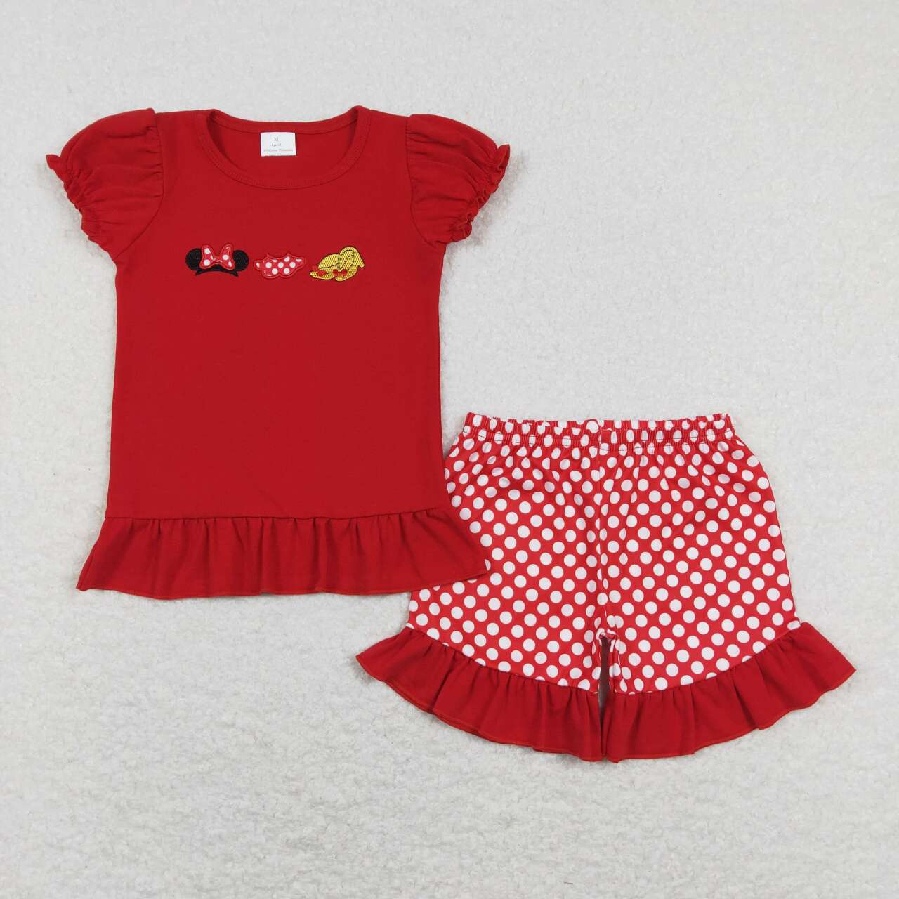 GSSO0450 Embroidery red girls Bow Minnie Clothes Red Short Sleeve Plaid Shorts Suit