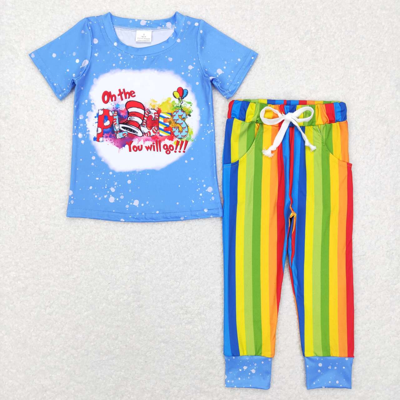 RTS NO MOQ(In Stock) BSPO0176 Boys places dr seuss letter blue short sleeve colorful striped trousers suit