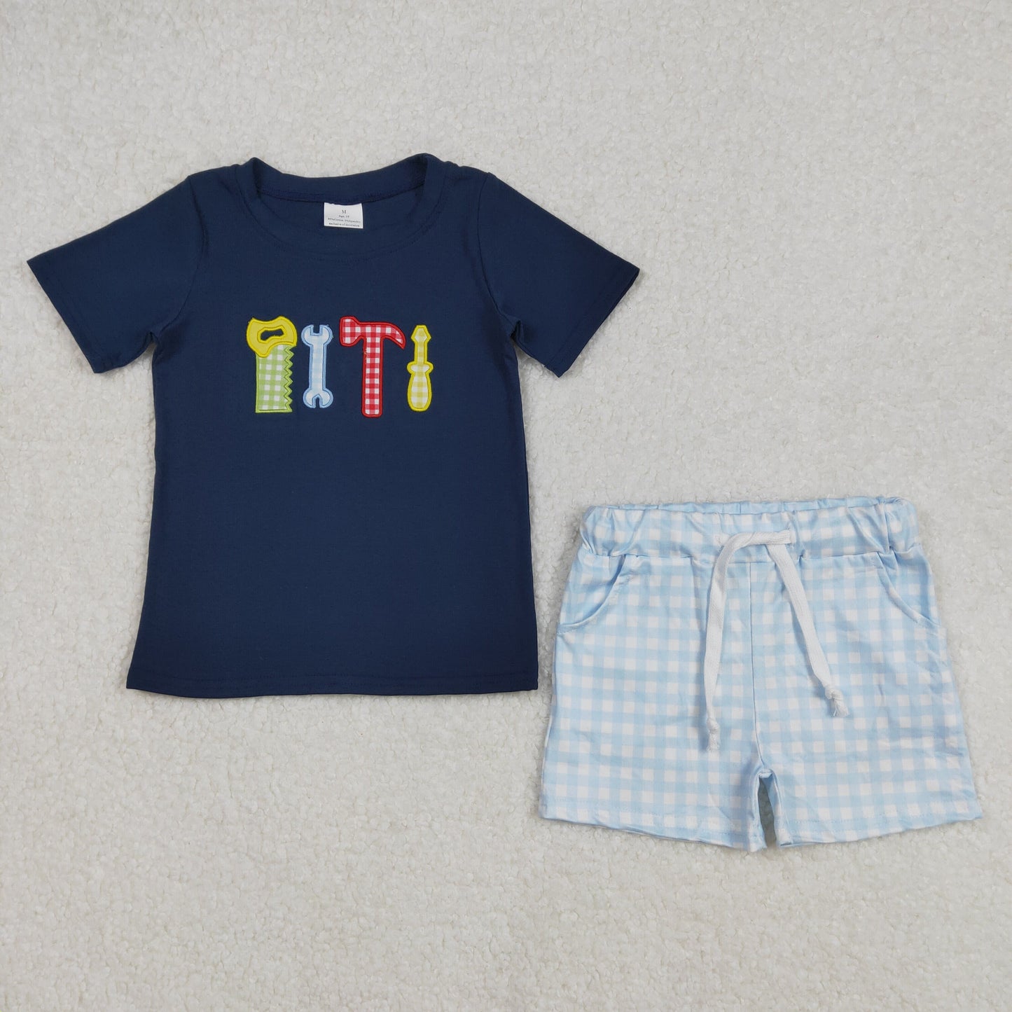 RTS NO MOQ(In Stock) BSSO1118 Embroidered wrench hammer tool blue short-sleeved plaid shorts set