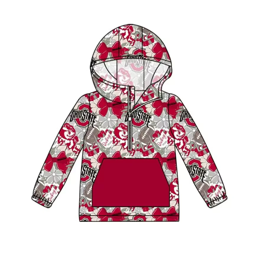 Deadline November 21 custom no moq eta 6-8weeks Red little man bow pocket zipper pullover long sleeve top