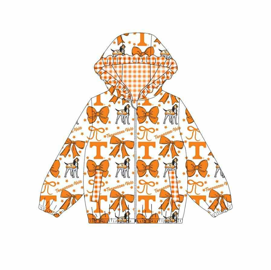 Custom moq 5 mix size milk silk summer teams baby girls clothes lace bow orange hooded long sleeve top-25.9.6