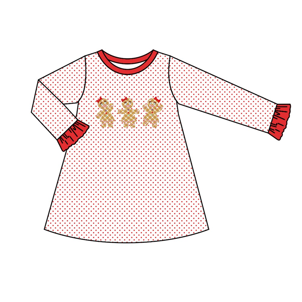 Deadline September 23 custom no moq eta 6-7weeks Red Polka Dot Biscuit Bear Pattern Long Sleeve Dress