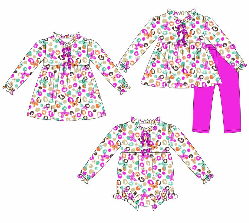 Custom moq 5 each style eta 6-7weeks baby girl clothes leopard long sleeve pants sets and romper and dress -25.8.9