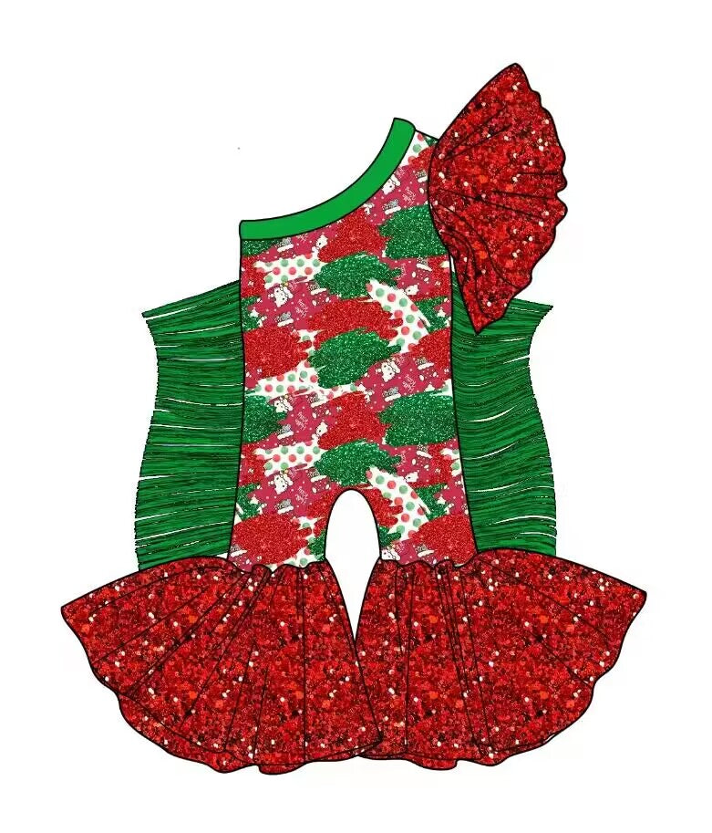 custom moq 5 eta 6-7weeks baby girls clothes green tassel red One shoulder Summer jumpsuit