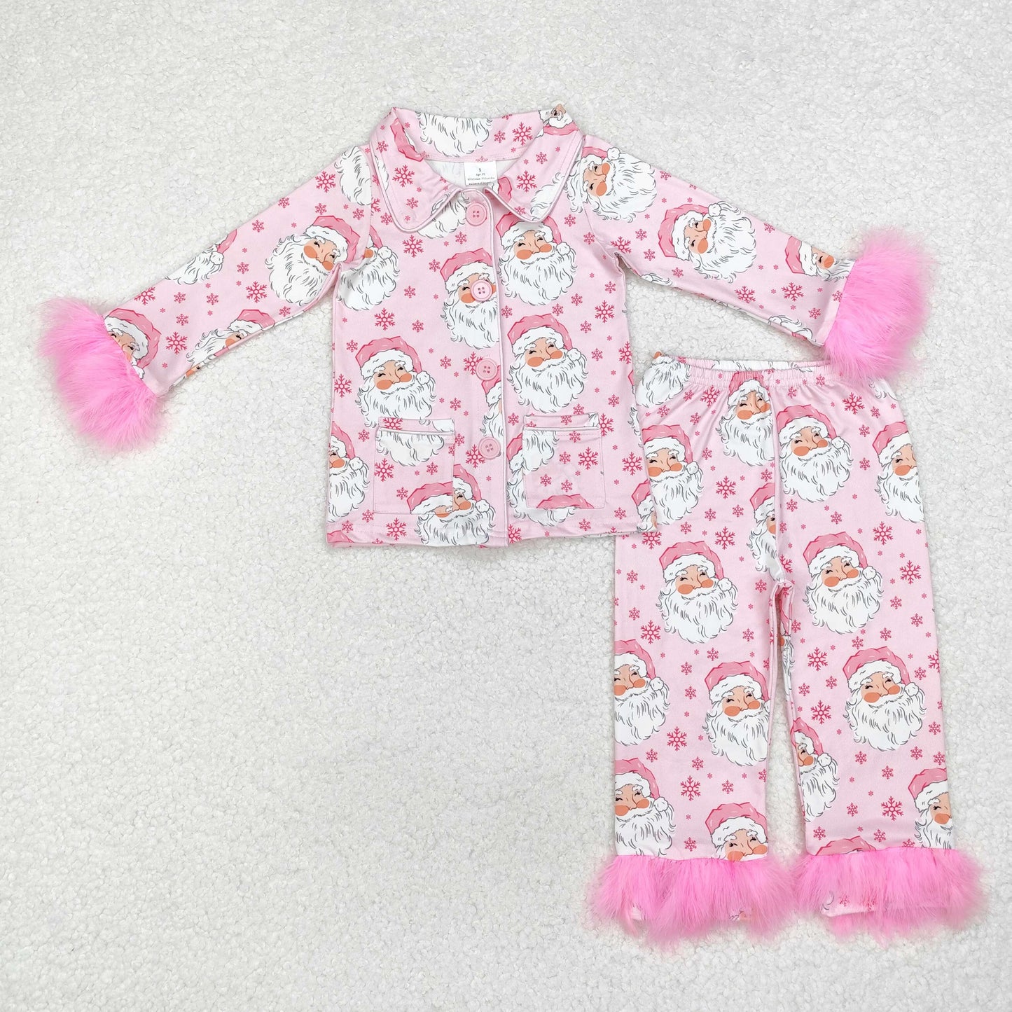 RTS NO MOQ(In Stock) GLP1900 Santa Claus snowflake pink plush edge long sleeve long pants pajamas set