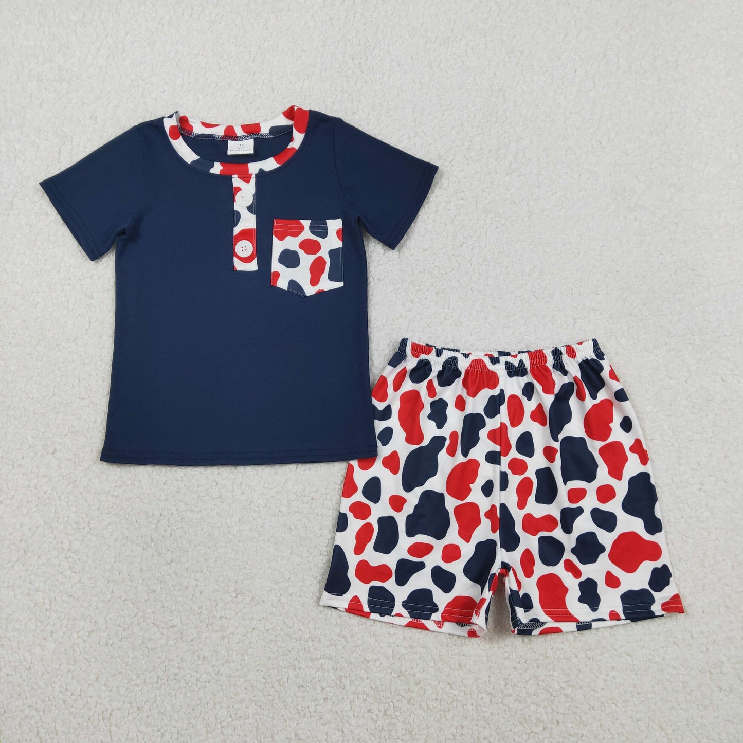 RTS NO MOQ(In Stock) BSSO1783 Red and blue camouflage pocket blue button short-sleeved shirt and shorts set
