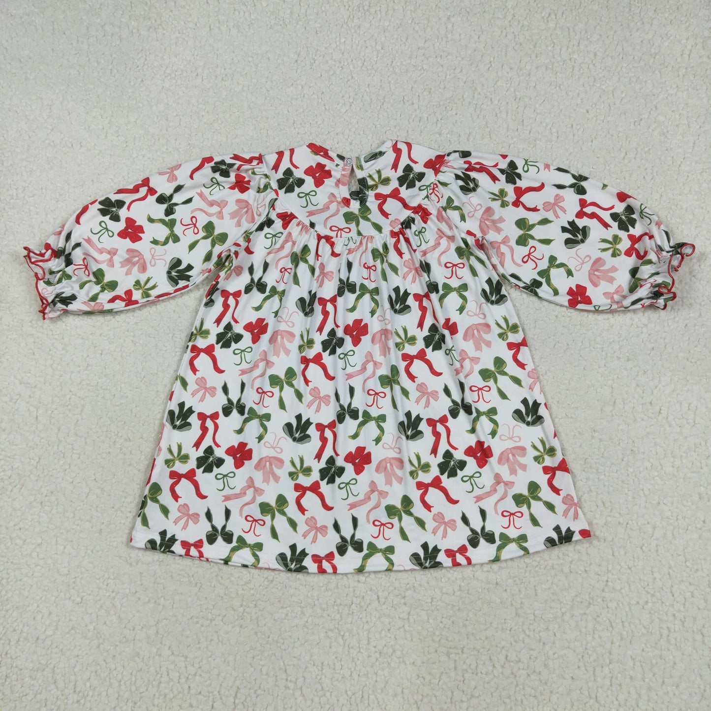 RTS NO MOQ(In Stock)GLD1094 smocked merry christmas embroidered Christmas bow pattern white long sleeve dress