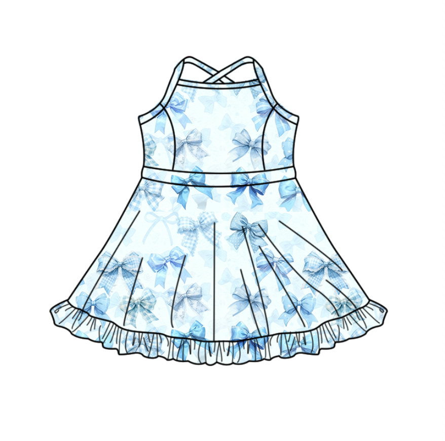 Custom moq 5 mix size eta 6-8weeks milk silk baby girl clothes bow blue long sleeve pants set 2 and dress